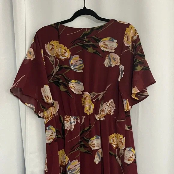 A New Day Womens Burgundy Floral Wrap High-Low Ruffle Midi Dress Large L Garden - Picture 11 of 16